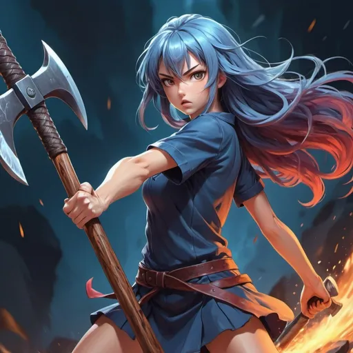 Prompt: Anime illustration of a fierce girl wielding a large axe, intense and determined expression, vibrant and dynamic action pose, detailed and flowing hair, high quality, ultra-detailed, anime, action, dynamic pose, vibrant colors, intense expression, detailed hair, professional, dynamic lighting