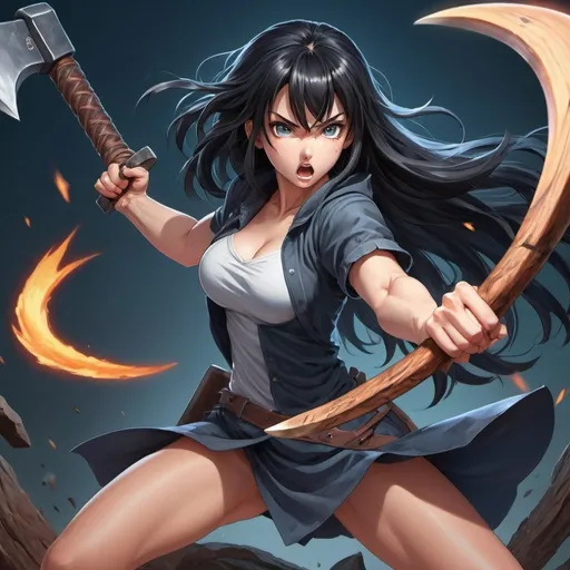 Prompt: Anime illustration of a fierce girl wielding a large axe, intense and determined expression, vibrant and dynamic action pose, detailed and flowing black hair, high quality, ultra-detailed, anime, action, dynamic pose, vibrant colors, intense expression, detailed hair, professional, dynamic lighting