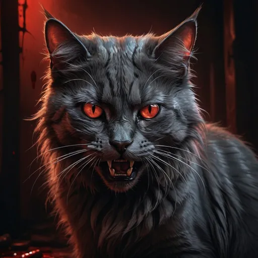 Prompt: Cat with sinister expression, realistic digital painting, dark and eerie atmosphere, intense and dramatic lighting, high resolution, detailed fur, bloody aftermath, horror-themed, realistic, intense gaze, dark tones, chilling scene, gruesome, professional, atmospheric lighting