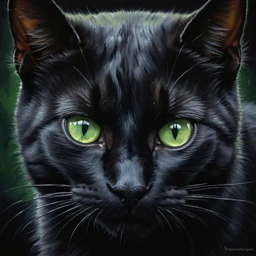 Prompt: Detailed image of a black cat with piercing green eyes, realistic oil painting, dark and ominous atmosphere, realistic fur texture, intense and focused gaze, life-like portrayal of the cat's predatory nature, high quality, oil painting, dark tones, realistic, intense eyes, ominous, predatory, detailed fur, professional, atmospheric lighting