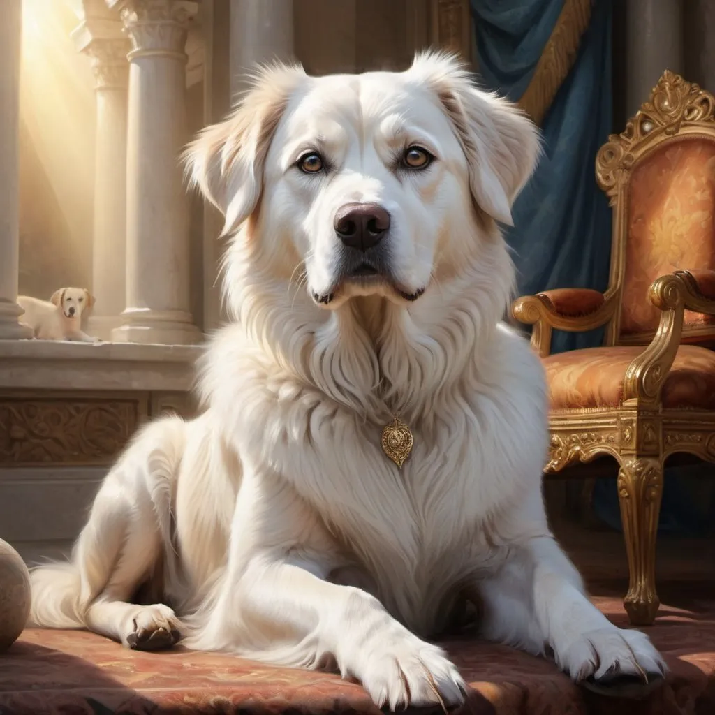 Prompt: Realistic digital painting of a majestic dog sitting beside a serene depiction of God, divine atmosphere, heavenly lighting, intricate fur and expressive eyes, best quality, highres, detailed, realistic, divine, serene, majestic dog, God, heavenly lighting, digital painting, intricate fur, expressive eyes