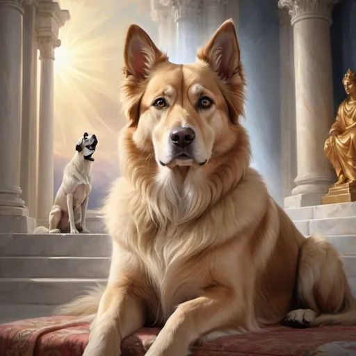 Prompt: Realistic digital painting of a majestic dog sitting beside a serene depiction of God, divine atmosphere, heavenly lighting, intricate fur and expressive eyes, best quality, highres, detailed, realistic, divine, serene, majestic dog, God, heavenly lighting, digital painting, intricate fur, expressive eyes