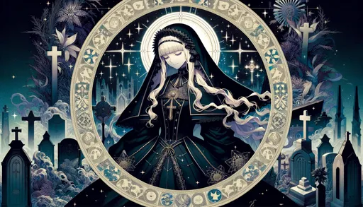 Prompt: Highly detailed anime style illustration of Saint wearing a black nun's habit. She has an ethereal and beautiful appearance, with porcelain-like skin, long flowing hair. The background includes a cemetery and a starry sky, with symbols of death, creating a complex, desolate, and gloomy setting. Despite the gloomy surroundings, she shines brilliantly. She has a modest and proper attire. The image captures her full body from head to toe, viewed from a distance, with even more intricate and highly detailed elements.