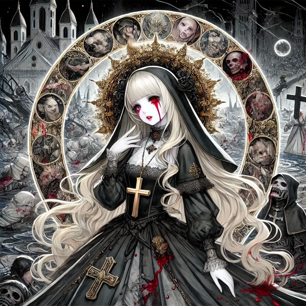 Prompt: An extremely detailed and high-quality anime-style watercolor illustration of a beautiful saint with porcelain-like white skin and long blonde hair, dressed in a black nun outfit, with an alluring and enchanting body. She symbolizes death and has blood tears streaming down her face. The background is filled with complex symbols of decay and the end of the world: dying soldiers, sinners, the sick, a decaying and crumbling castle, and desolate land under a cracked and pitch-black sky, all representing the end of the world. The background is dark, with strong contrasts of light and shadow, using advanced shading techniques similar to those of Renoir to create a dramatic effect.