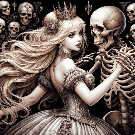 Prompt: Highly detailed illustration of a horribly beautiful young princess dancing with a skeleton, mysterious, blonde hair, long hair, dress, crown, alluring, perfect body, perfect face, pale skin, clear and detailed eyes, taking hands of the skeleton, detailed clear background, symbols of death throughout the background, skull, dead, dark atmosphere, square.