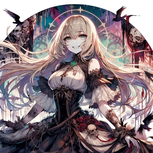 Prompt: A beautiful young saint princess with the mature body. She has alluring, curvaceous body with the body-fitting outfit. Dress. Beautiful, perfect face. Insane evil smile. Very detailed body and face. Tattered cloths and body. Blonde long hair. Pale skin. Detailed eyes. Transparent atmosphere. Faint drawing. Very detailed anime-style, high quality. Complicated, bloody, and colorful background. Decayed and blood. Full of symbols of death and catastrophe. Square.