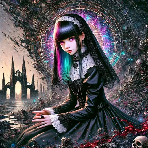 Prompt: A highly detailed and realistic photographic illustration of a very beautiful girl with healthy white skin and black-based shining colorful hair with straight bangs, dressed in a black nun outfit. She has an alluring, mature body and an enchanting, beautiful face with a cold, disdainful gaze, looking down on the viewer. She is kneeling. The background is intricate and detailed, filled with complex and gloomy elements: blood-stained, streaming blood, crumbling castles, a cracked dark sky, desolate land, and withered plants. Colorful lights in the background. The contrast of light and shadow is beautifully depicted. There is blood and smoke in the scene. Make the girl look like a real human.
