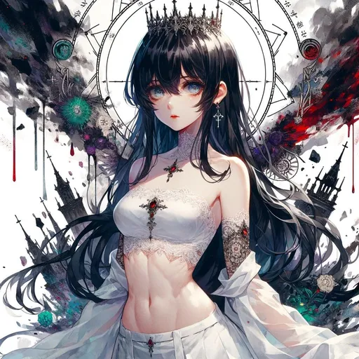 Prompt: A beautiful saint princess with the mature body standing at the top of abyss. Highly detailed anime-style, high quality. Alluring body. Attractive, perfect face. Very detailed body and face. Black hair, clear detailed eyes, pale skin. Deathly atmosphere, symbols of death, bloody, abyss. Transparent atmosphere. Faint drawing. Watercolor. Colorful and very detailed, complicated background. Square.