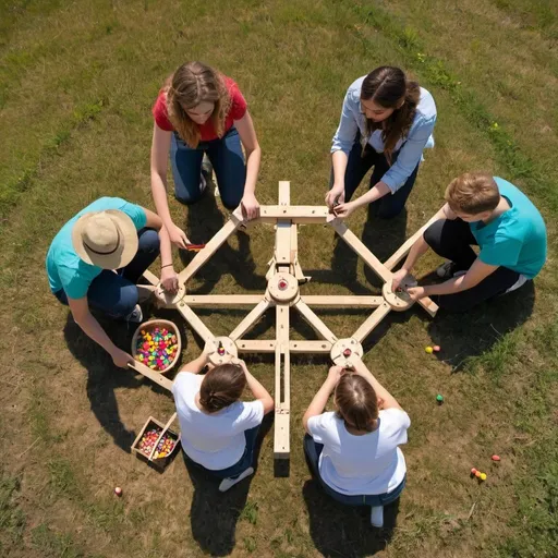 Prompt: topview of a catapult in a field. in the hook of the catapult is candy, four young adults are measuring the catapult