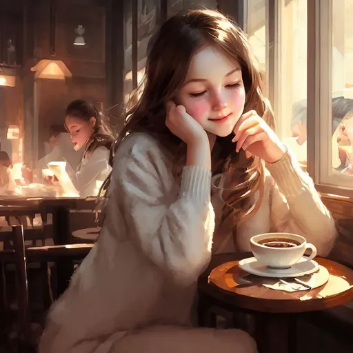 Prompt: Girl enjoying coffee, traditional painting, digital illustration, cozy atmosphere, warm lighting, detailed facial features, realistic, high quality, traditional art, warm tones, comforting ambiance, cafe setting, detailed hair, peaceful mood, serene expression, traditional medium, cozy, comforting, realistic lighting