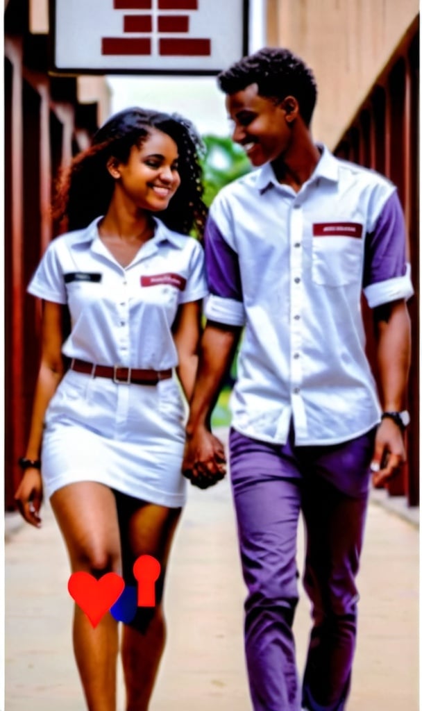 Prompt: A college boy and a girl holding hands smiling at each other walking towards a building where the name board Bureau of Data Processing Systems 