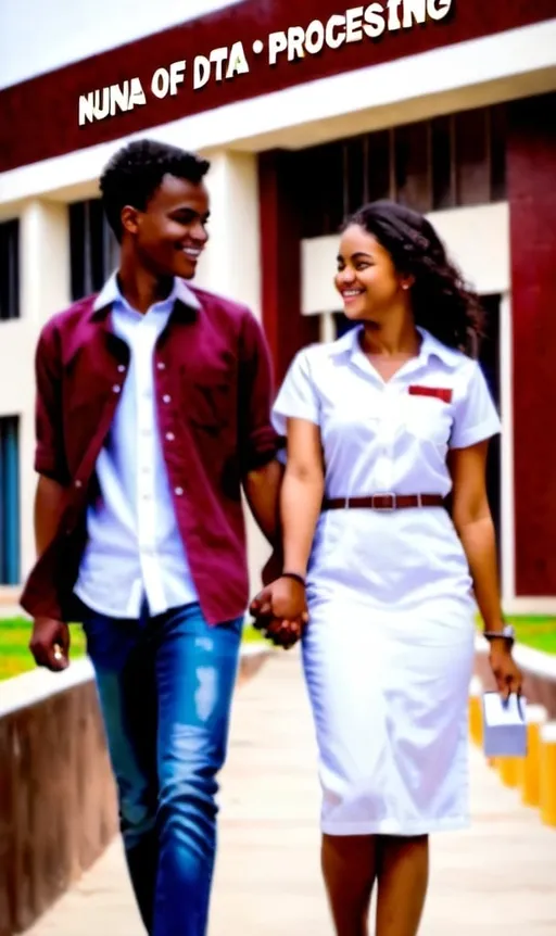 Prompt: A college boy and a girl holding hands smiling at each other walking towards a building where the name board Bureau of Data Processing Systems 