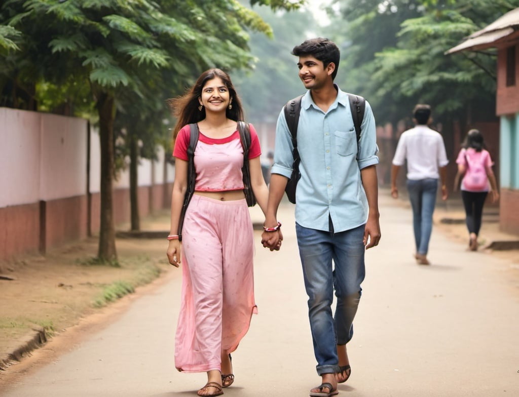 Prompt: Bala a college boy and Lisa a college girl, holding hand and walking towards college, smiling joyfu