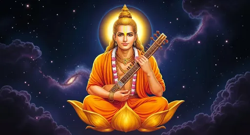 Prompt: Divine sage Narada sitting in deep meditation on a glowing Padma Aasan (lotus throne) floating in cosmic space, low angle cinematic shot, godlike presence, holding a glowing veena, long flowing hair and beard moving in zero gravity, saffron and gold robes, eyes closed, peaceful divine expression, strong spiritual aura, golden divine light from above, blue rim light from behind, swirling purple and blue galaxies, nebula clouds, floating stars and cosmic dust, ancient silent universe, ultra detailed, cinematic lighting, 8K, dark fantasy, epic scale, volumetric light, film still, IMAX look