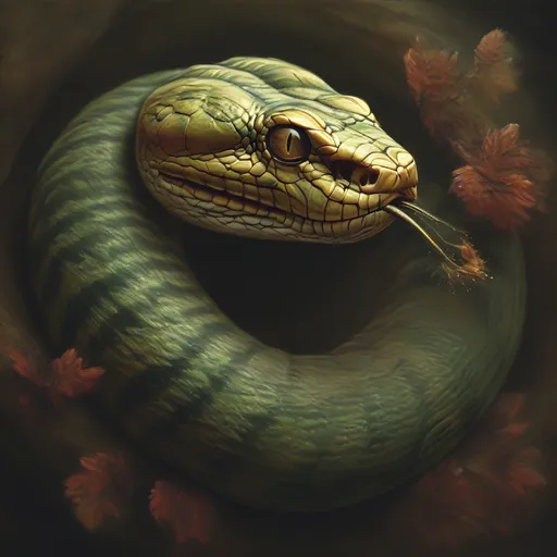 Prompt: a snake eating its own tail in a circle with a kind face



