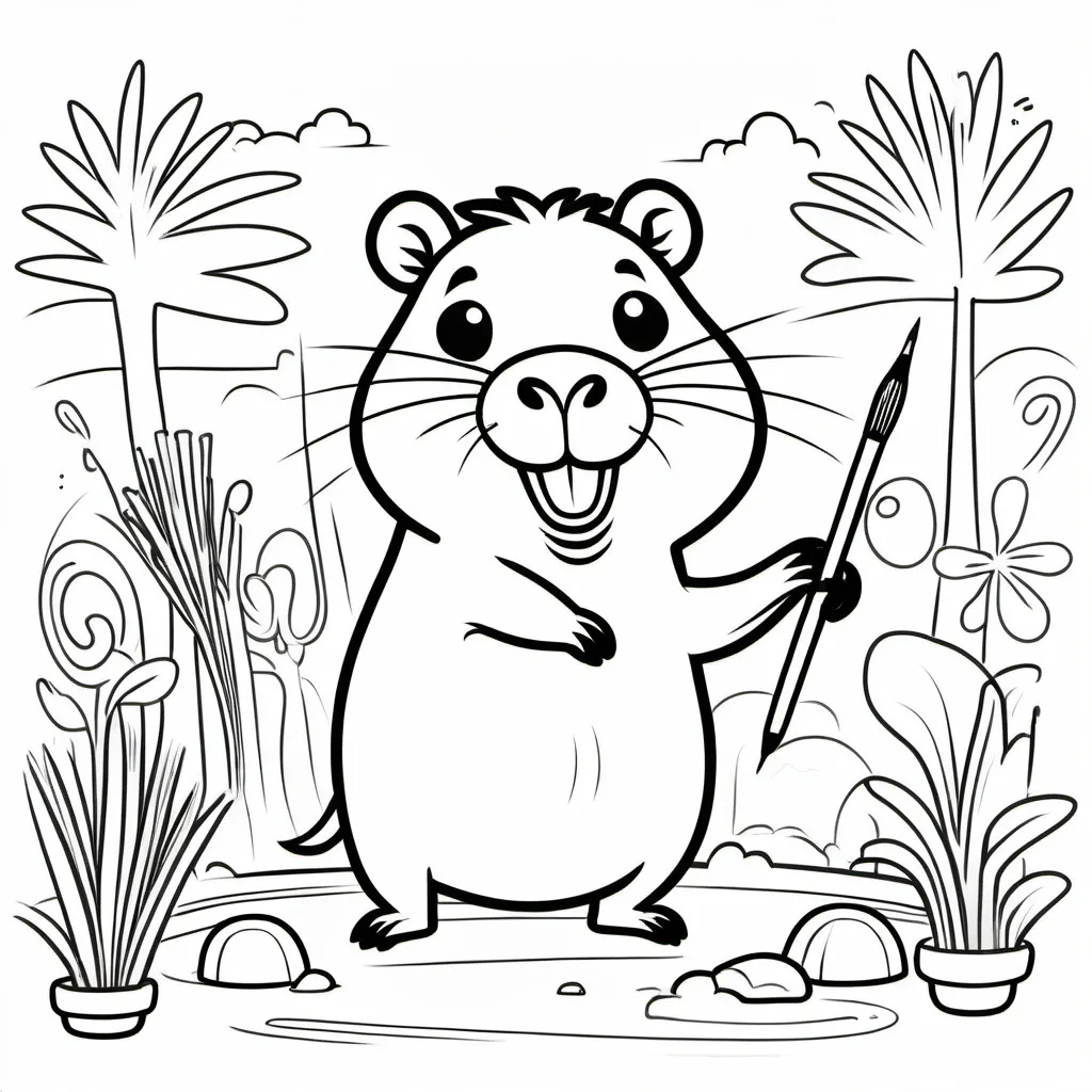 Prompt: An adorable black-and-white line illustration of Capivarte the capybara character in a playful coloring book style. Drawn with bold black lines and simple contours, the scene shows Capivarte in a friendly, rounded cartoony style with expressive eyes and a joyful smile. Surrounding objects, like paintbrushes, art supplies, and animal friends (such as a cheerful armadillo and bird), are drawn with minimalistic detail, leaving large spaces for coloring. The overall feel is cute and lively, with a clear outline and clean, inviting spaces for children to color.