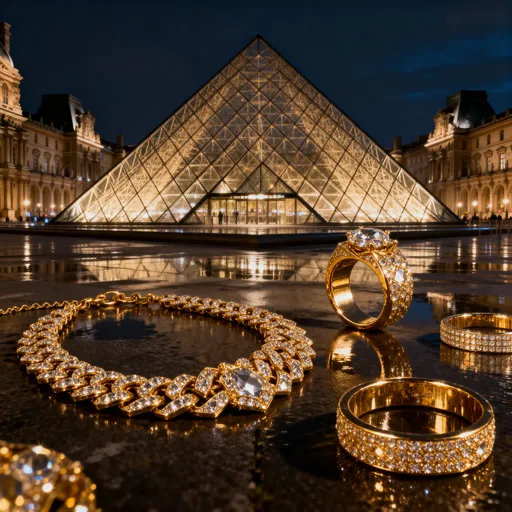 Prompt: "Una scena notturna della Piramide del Louvre a Parigi. La Piramide è illuminata in modo drammatico e si riflette sull'acqua o sulla pavimentazione bagnata. Accanto alla base della Piramide, sono sparsi diversi oggetti d'oro massiccio e scintillante: grandi collane a maglie grosse, anelli oversize e bracciali. L'oro è estremamente brillante e riflette le luci intense della struttura. Fotografia di lusso, dettagli elevati, atmosfera notturna, illuminazione cinematografica."