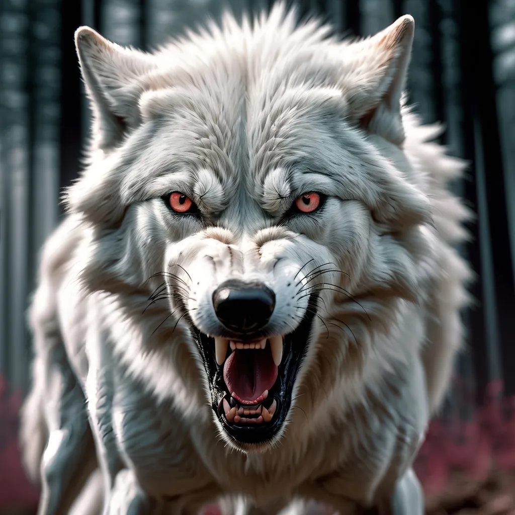 Prompt: perfect white wolf front view roaring angry gaze in 1992 hyper realistic with 8k resolution