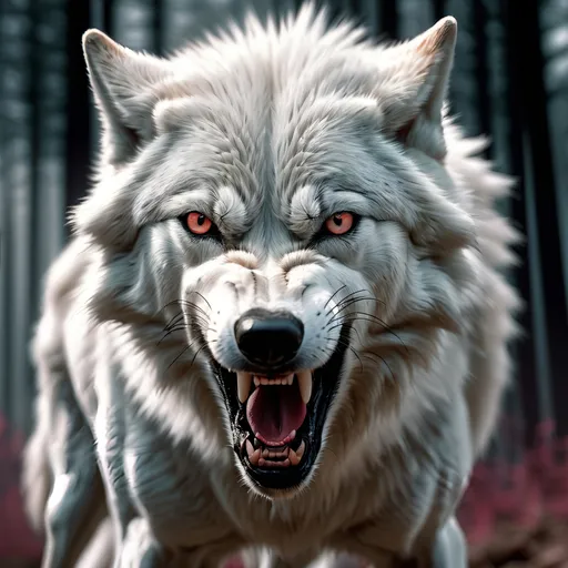 Prompt: perfect white wolf front view roaring angry gaze in 1992 hyper realistic with 8k resolution