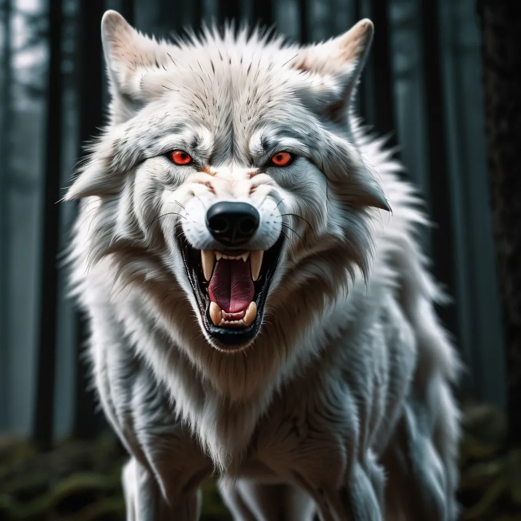 Prompt: perfect white wolf front view roaring angry gaze in 1992 hyper realistic with 8k resolution