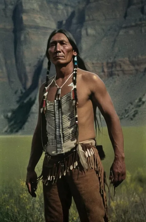 Prompt: old American wild West, native American Lakota posing,captured with soft focus and muted colors typical of early film photography