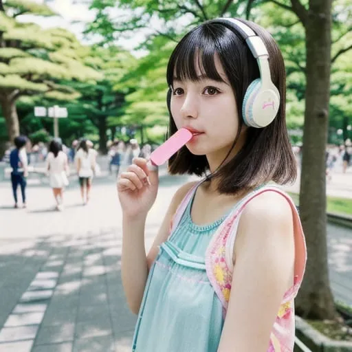 Prompt:  realistic photograph of a young Japanese woman, Japanese City Pop aesthetic, beautiful park setting, summer day, walkman with headphones, popsicle, vibrant and breezy atmosphere, detailed facial features, warm and inviting colors, high quality, Japanese City Pop aesthetic, detailed eyes, summer vibe, leisurely park stroll, vibrant pastel tones professional, natural lighting