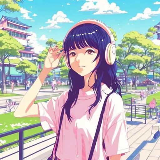 Prompt: Anime illustration of a young Japanese woman, Japanese City Pop aesthetic, beautiful park setting, summer day, walkman with headphones, popsicle, vibrant and breezy atmosphere, detailed facial features, warm and inviting colors, high quality, anime, Japanese City Pop aesthetic, detailed eyes, summer vibe, leisurely park stroll, vibrant pastel tones, professional, natural lighting