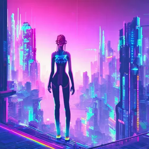 Prompt: Generate a cyberpunk female character on the top of a high-rise building in the future city. The lighting effect is like neon lights at night, the painting style is abstract rainbow, the image is high quality, and AR parameters are added to add virtual elements.