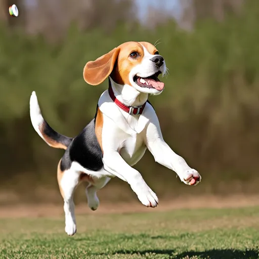 Prompt: I need you to generate the image of a medium-sized beagle dog, the dog has to be happy, jumping and about to grab a disc in the air