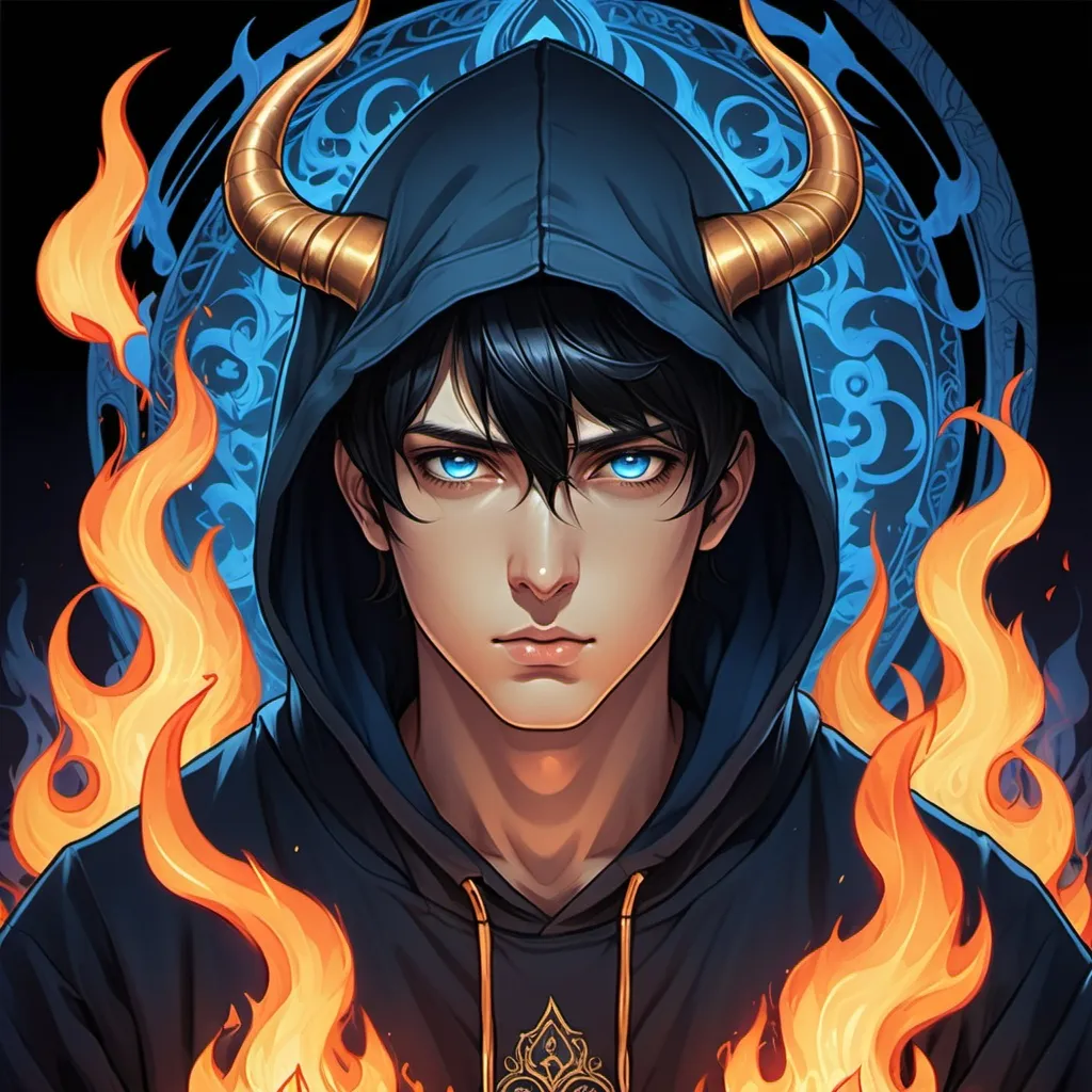 Prompt: tarot card Anime illustration, black hair good looking face young man with horn and flames at left eye, detailed ornate black hoodie, with evil face, holding blue fire, dramatic lighting