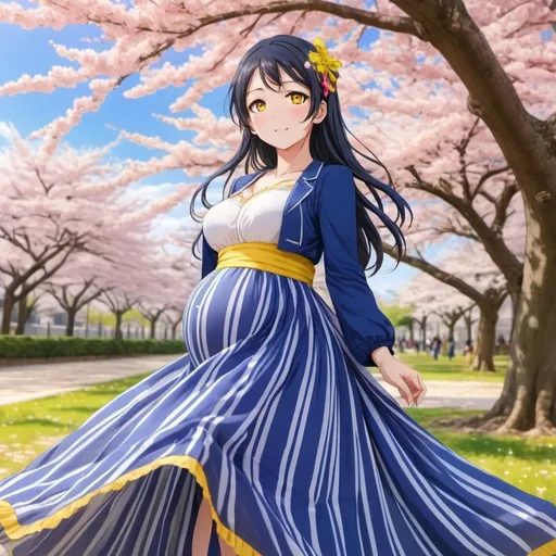 Prompt: Love Live anime pregnant Umi Sonoda with yellow eyes is wearing a maxi long floor-length vertical striped skirt that is extremely long.