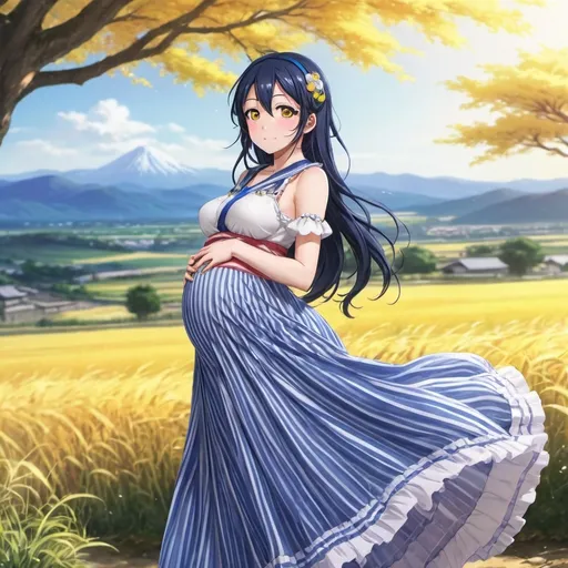 Prompt: Love Live anime pregnant Umi Sonoda with yellow eyes is wearing a maxi long floor-length vertical striped skirt that is extremely long.