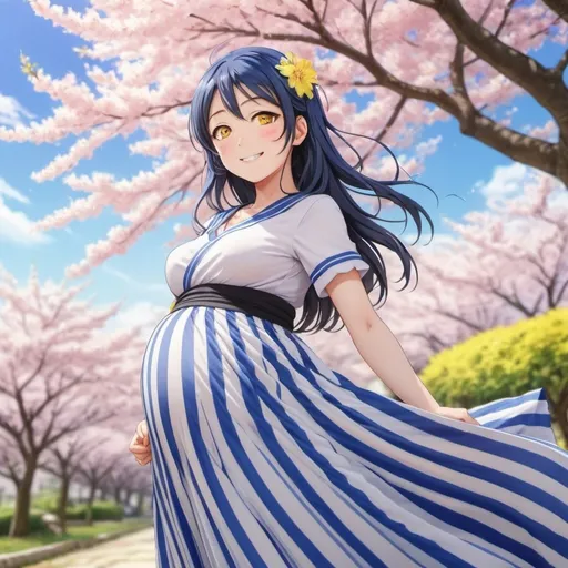 Prompt: Love Live anime pregnant Umi Sonoda with yellow eyes is wearing a maxi long floor-length vertical striped skirt that is extremely long.
