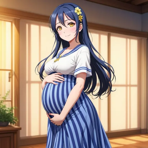 Prompt: Love Live anime pregnant Umi Sonoda with yellow eyes is wearing a maxi long floor-length vertical striped skirt that is extremely long.
