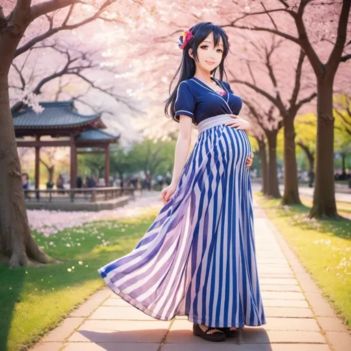 Prompt: Love Live anime pregnant Umi Sonoda wearing a floor-length maxi long vertical striped skirt that is extremely long.