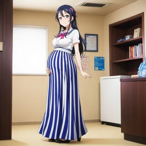 Prompt: Love Live anime pregnant Umi Sonoda wearing a floor-length maxi long vertical striped skirt that is extremely long.