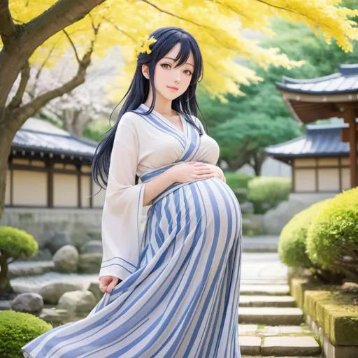 Prompt: Love Live anime pregnant Umi Sonoda with yellow eyes is wearing a maxi long floor-length vertical striped skirt that is extremely long.