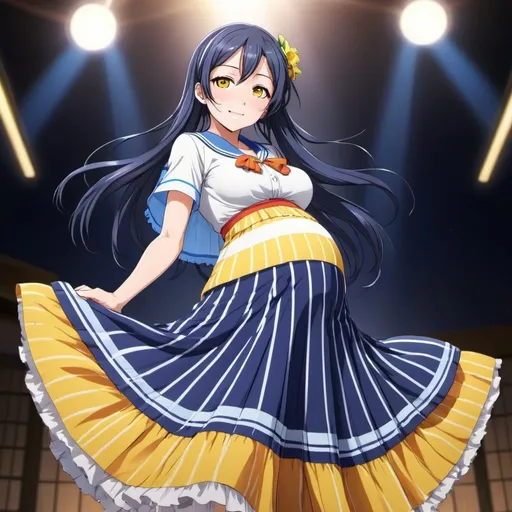Prompt: Love Live anime pregnant Umi Sonoda with yellow eyes is wearing a maxi long floor-length vertical striped skirt that is extremely long.
