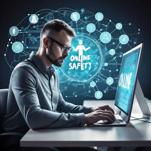 Prompt: create an image of a man with a computer with a technological background and add the title online safety