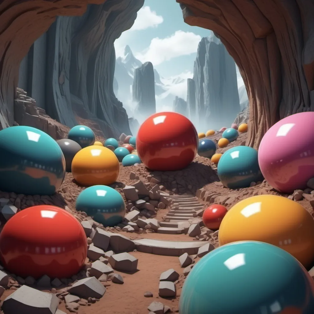 Prompt: imagine soft cushy giant balls being sliced by big axes of different color. over scene is extremely satisfying and scenic