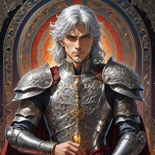 Prompt: tarot card Anime illustration, a silver-haired man, detaiLed full armour , dramatic lighting make him younger
