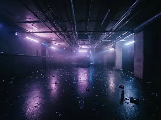 Prompt: /imagine prompt:A cinematic photograph of an empty underground club dance floor, sticky black floor reflecting faint colored lights, wide-angle straight-on view, centered beneath a low industrial ceiling in a concrete basement venue. Exposed pipes and ventilation ducts overhead, scattered plastic cups and confetti across the floor, a silent DJ booth glowing faintly in the background. Purple and blue neon lights dimly illuminating the haze, soft fog lingering in the air catching stray beams, deep shadows pooling in corners. Created Using: full-frame DSLR camera, 24mm wide-angle lens, long exposure photography, high ISO grain, low-key lighting setup, cyberpunk-inspired color grading, documentary photography style, cinematic realism, volumetric lighting effects, subtle lens distortion, matte finish texture, glibatree prompt, ambient occlusion shadows, post-production color contrast, atmospheric haze overlay --ar 1:1
