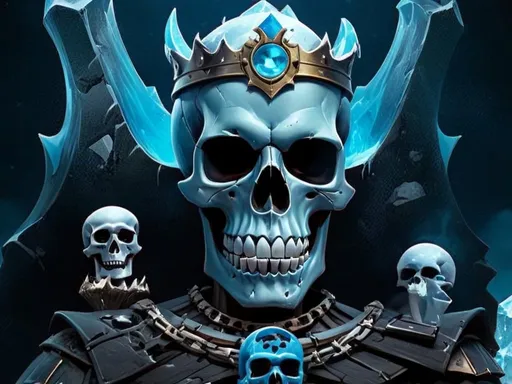 Prompt: Esquelet skull king in the ice cold, frozen, blue fire