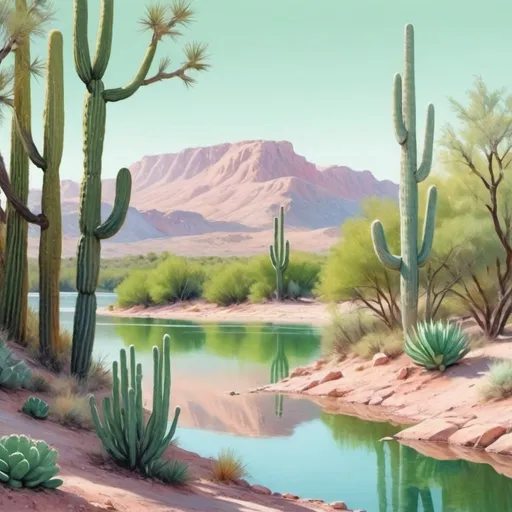 Prompt: visual art of landscape in pastel colors. lake. cactus. green trees