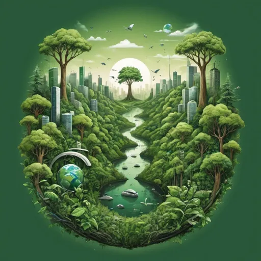 Prompt: For the "Nature and Sustainability" themed t-shirt, envision an AI-generated design featuring a lush, vibrant forest seamlessly merging into a futuristic, eco-friendly cityscape. The colors are predominantly green and earth tones, symbolizing the harmony between nature and sustainable technology. This striking image covers the front of the t-shirt, conveying a strong message about the importance of ecological balance and innovation. The design is both eye-catching and meaningful, appealing to those passionate about the environment and the future of our planet.