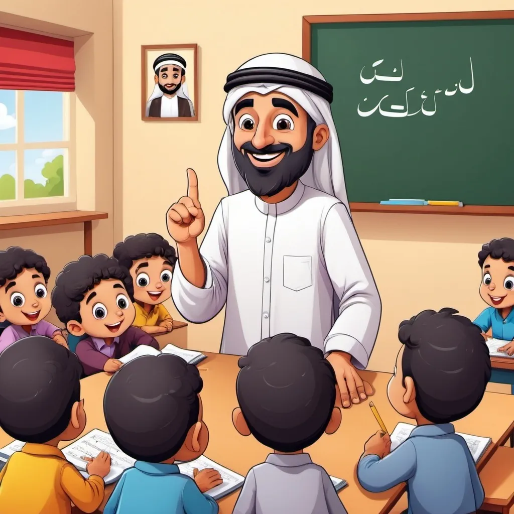 Prompt: A cartoon Arabic teacher teaching children at school 