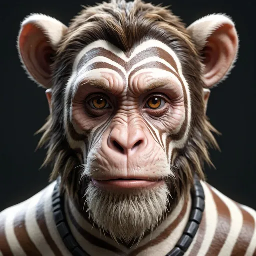 Prompt: zebra monkey humianoid king brown eyes with
beard ragging in game\ symmetrical perfect 
composition hyperrealistic super detaild 8k high resolution\ splash art\frontepic
Instagram\ artistation\ hyperr detailed
intractably detaild\ unreal engine\
interadicate detail\ compactly colorsfullbody