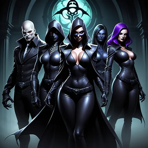 Prompt: Villain Teams:
The Nightfall Syndicate
A shadowy organization of supervillains seeking to plunge the world into eternal darkness, each with their own unique agenda.

Darkshroud (Leader)

Powers: Master of shadow manipulation, can teleport through darkness and create shadow creatures.
Role: Stealth and ambush attacks, team leader.
Lady Viper

Powers: Can control venomous snakes, emit poisonous gas, and has a venomous bite.
Role: Poison attacks and manipulation of animals.
The Wraith

Powers: Ghost-like, can become intangible, drain life energy, and possess objects.
Role: Infiltration and energy draining.
Overclock

Powers: Cybernetic enhancement, superhuman speed, and hacking abilities.
Role: Technology expert and infiltration specialist.
Blight

Powers: Can release toxic radiation and cause decay with a touch.
Role: Area denial, spreading radioactive plagues.