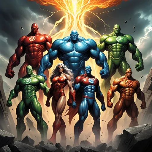 Prompt: The Elemental Titans
A group of superheroes with the power to control the natural elements, protecting the Earth from environmental disasters and mystical threats.

Terraquake (Leader)

Powers: Can manipulate the earth, causing earthquakes, creating walls, and shaping stone weapons.
Role: Leader, earth-based power and defense.
Tempest

Powers: Controls wind and storms, can summon tornadoes, lightning, and rain to control the battlefield.
Role: Weather manipulation and ranged attacks.
Inferna

Powers: Manipulates fire and heat, able to generate flames, fireballs, and even melt through objects.
Role: Offensive fire control and destruction.
Aquablade

Powers: Commands water, shaping it into weapons, controlling oceans, and summoning water creatures.
Role: Water control and aquatic combat.
Frostbite

Powers: Manipulates ice and cold, able to freeze objects and create ice-based structures.