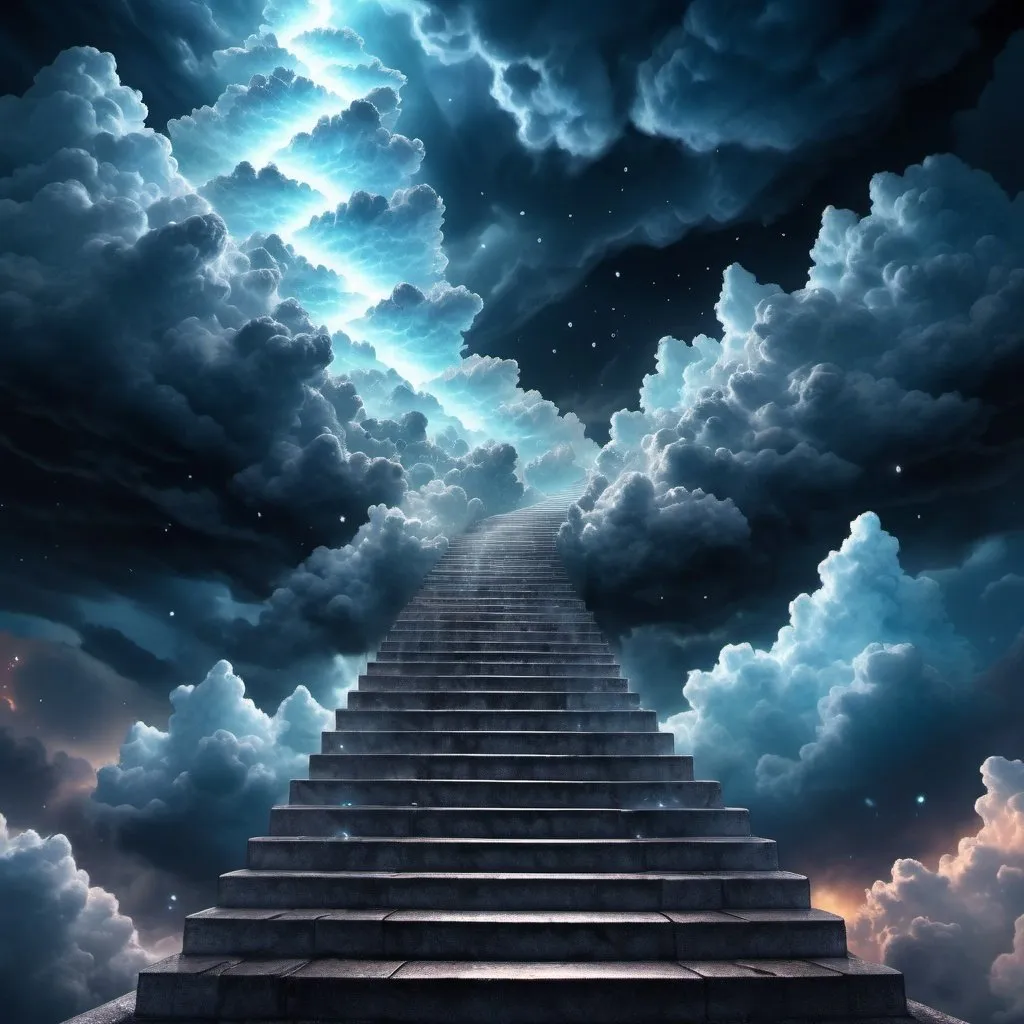 Prompt: a stairway to heaven made of crystal clouds, epic art style, epic storm clouds, sinister vibe, stars, hyper-realistic color, splash art, concept, mid shot, intricately detailed, dolor depth, dreamy, surreal, maximalist, playful lighting, digital painting, concept art, digital, sharp focus, fantasy, silhouette, vividly cosmic